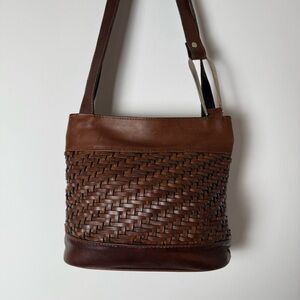 Boho Brown Woven Leather Shoulder Bag with Buckle on Strap | Simple